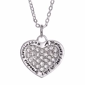 Necklace Mother's Love Mom Family CZ Crystal Heart Pendant Silver tone GIft Box